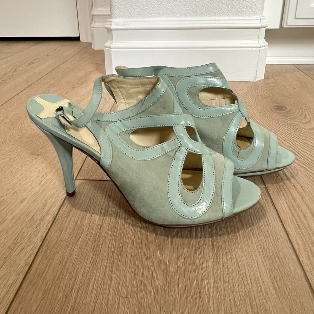 Maxstudio blue open toe cut out sling back blue heels